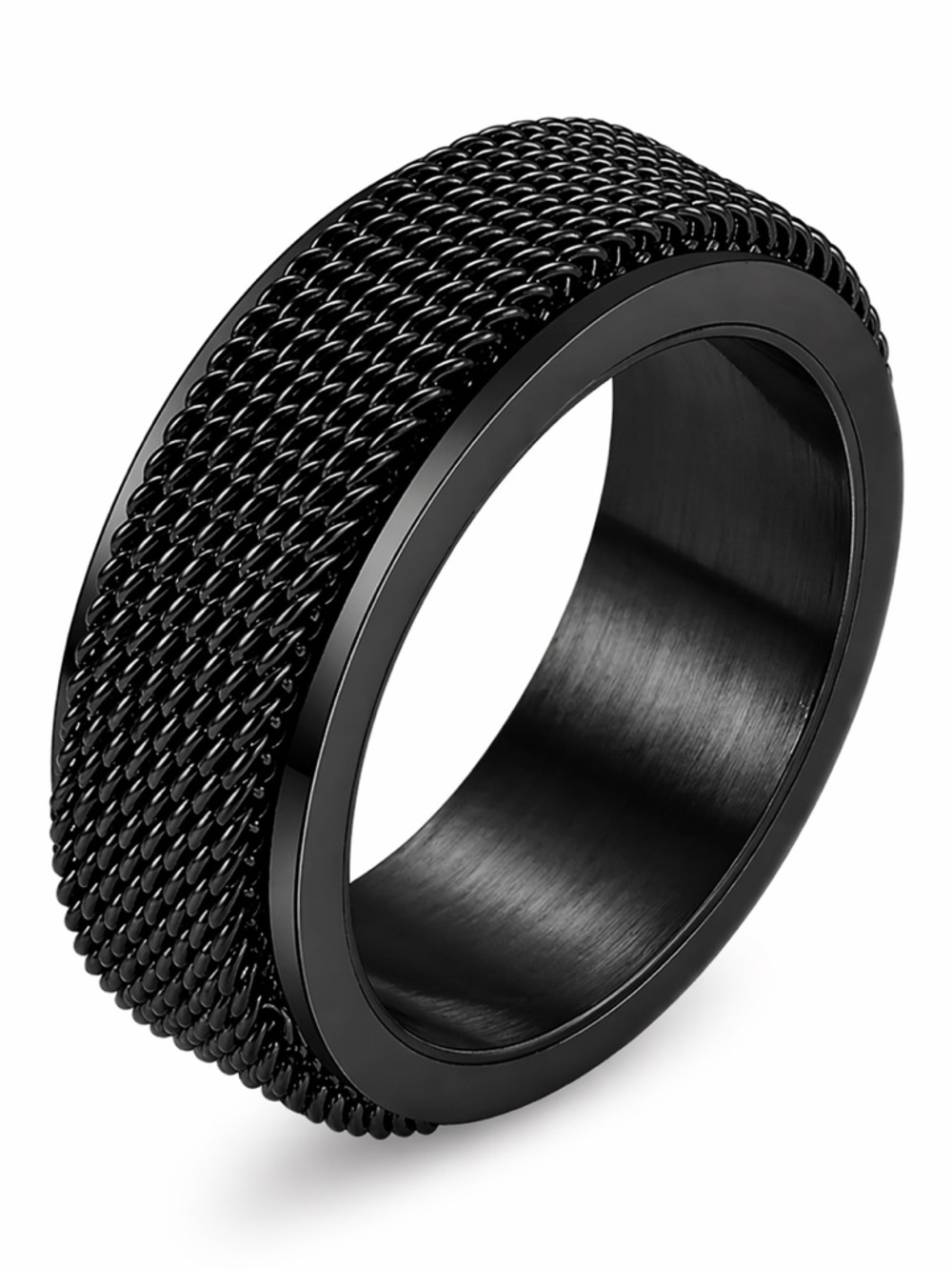 Black Mesh Spinner Ring - Stainless Steel Textured Fidget Band